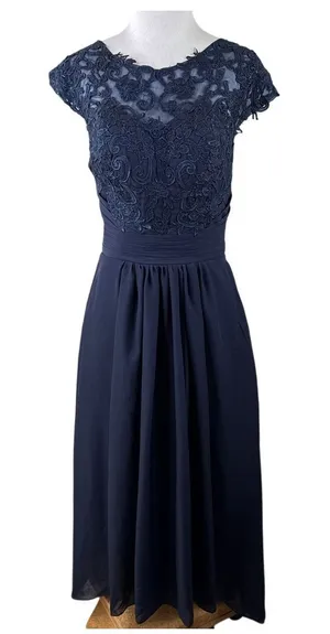 SU Dress Navy Blue Lace Chiffon Bridesmaid Prom Evening Gown NWT Size 6 thumbnail 1
