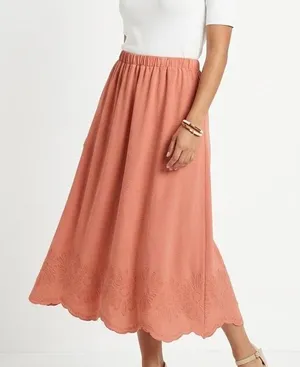 Adrianna Papell Coral Daisy Embroidered Scalloped Hem Midi Skirt XL thumbnail 1