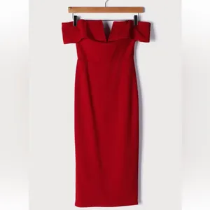 Lulus My Favorite Night Red Off-the-Shoulder Bodycon Midi Dress SMALL thumbnail 5