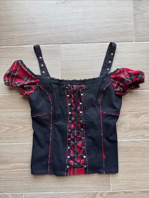 Tripp nyc SET Mini Skirt and Top Plaid Red Black Corset lace up pleated thumbnail 2