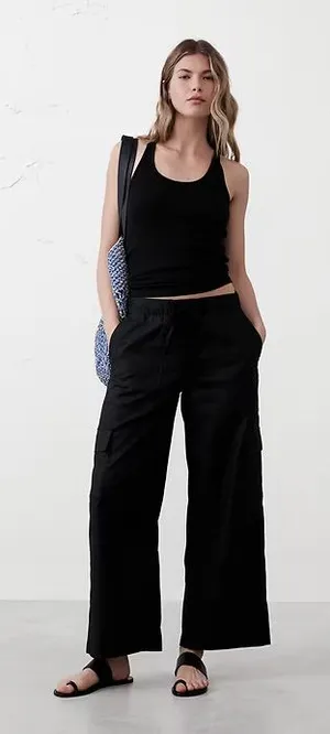 Banana Republic high rise black twill cargo wide leg cotton casual pants S thumbnail 1