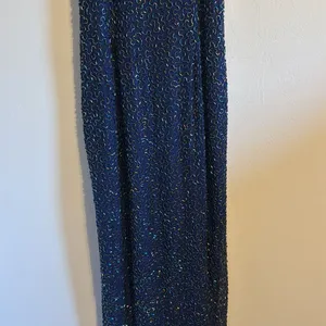 Vtg Laurence Kazar Halter Beaded embellished silk formal gown dress blue gold‎ L thumbnail 3