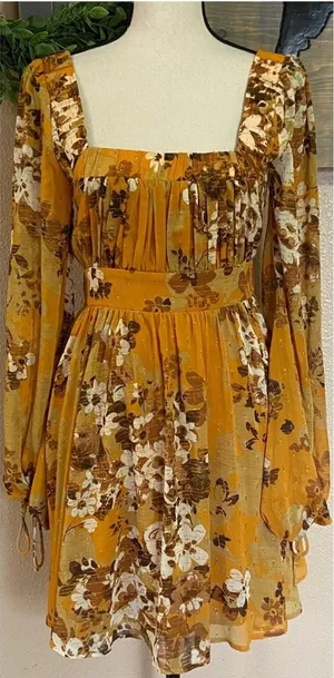 NWOT Lulus Gorgeous Vibe Yellow Floral Print Babydoll Mini Dress thumbnail 1