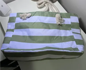 Sage Green and White Striped Canvas‎ Beach Tote Bag with Rope Handles Zip Top thumbnail 1