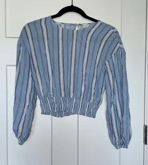SO Blue and White Striped Long Sleeve Smocked Crop thumbnail 1