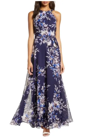Eliza J Navy Floral Print Chiffon Halter Neck Maxi Dress size 12 NO SASH thumbnail 1