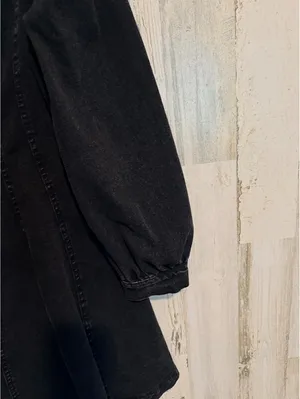 Black Acid Wash Denim Fit & Flare Mini Dress Puff Sleeve Size Small thumbnail 4