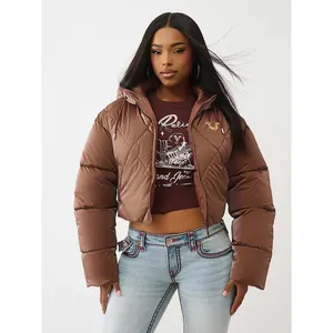 NWT!! TRUE RELIGION High-Shine Metallic Hooded Puffer Jacket Bronze Large thumbnail 4