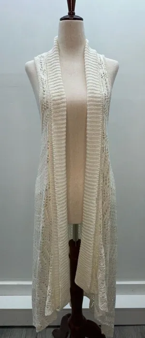 ARIAT Cream Crochet Knit Duster Vest Long Open Front Sleeveless Cardigan L Boho thumbnail 1
