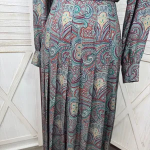 Vntg J.G. Hook Paisley Pleated Mock Neck Maxi Dress Green Multi Size‎ 4 Heritage thumbnail 6