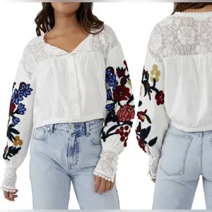 Free People Peasant Lace Embroidery Crop Top Coquette‎ Blouse Crop Pirate Boho thumbnail 2