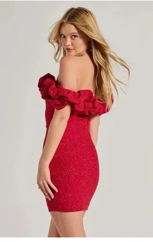 Red Ember Off-The-Shoulder Ruffle Glitter Party Dress HOCO thumbnail 3