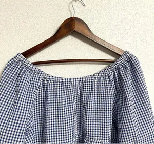 Old Navy Womens Shirt Blouse Blue White Gingham Plaid Seersucker Size Medium thumbnail 5