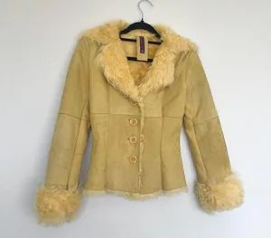 New Label SheepSkin Cream Yellow Leather Button Up shearling Jacket thumbnail 2