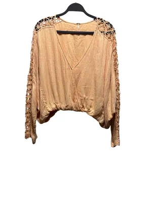 Free People Lace Sleeve Peach V-Neck Blouse Womens Size S thumbnail 2