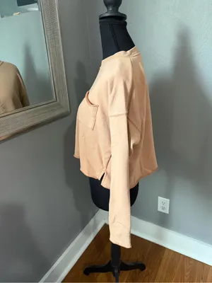 Aerie Pocket Crewneck Crop Sweatshirt Tan Soft Rough Hem XS. thumbnail 3