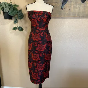 NWOT Lulus Polished Muse Black and Red Jacquard Strapless Midi Dress thumbnail 3
