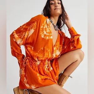 Free People Marla Printed Shortall Orange Tie Dye Romper Size Medium thumbnail 3