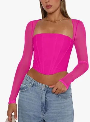 NEW REORIA Mesh Long Sleeve Boned Corset Top Y2K Square Neck M thumbnail 1