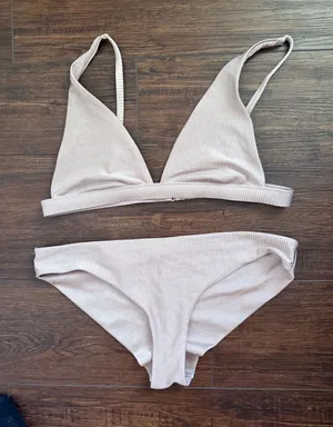 Aerie Ribbed Triangle Bikini Set Mauve Champagne Two Piece Swimsuit Large thumbnail 1