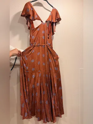 Anthropologie Ruffle-Sleeve Printed-Wrap Rust Midi Dress with Blue Floral Print thumbnail 10