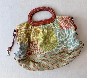Fossil Floral Canvas Leather Trim Satchel Tote Bag Womens Large Multicolor thumbnail 1