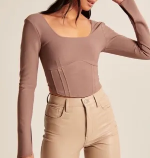 Abercrombie & Fitch Long Sleeved Corset Scoopneck Top Size Small Brown Contour thumbnail 1