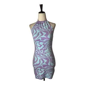 Motel Rocks Dress Women XS Purple Jagged Swirl Lavender Riri Knit‎ Halter Mini thumbnail 2