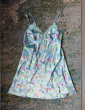 Vintage 90s Y2K Secret Treasures blue floral lace short slip dress, size small thumbnail 1