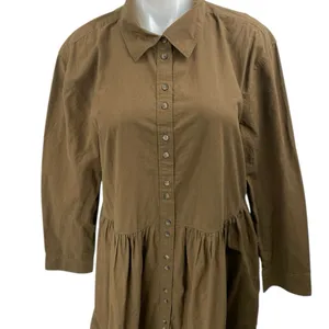 NEW Madewell Brown Pleated Long Sleeve Tiered A Line Midi Shirt Dress Size L thumbnail 4