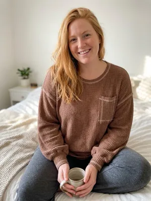 Brown Waffle Knit Long Sleeve Loungewear Pajama Top (Large) thumbnail 1