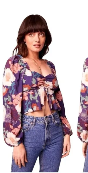 Band Of The Free Shirt Women Medium Purple Floral Puff‎ Sleeve Cropped Top NWT thumbnail 1