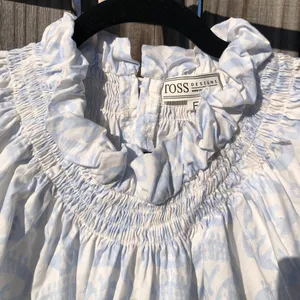 Toss Designs Cotton Puff Sleeve White/Blue Print Blouse Top One Size thumbnail 4