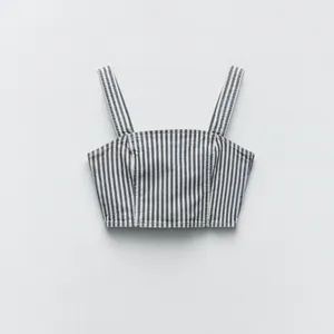 NWT Zara Striped Denim Crop Top in‎ Blue White Size Extra Small thumbnail 6