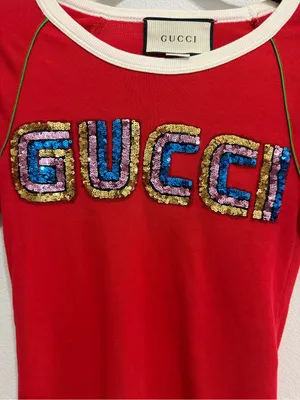 Gucci (COA) Red Sequin Tee Top with Multicolor Sequin Logo thumbnail 5