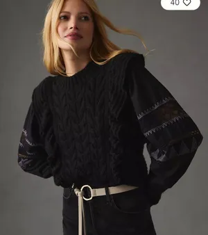 By Anthropologie Black Ruffle Cable-Knit Sweater Balloon‎ Sleeve Size Small thumbnail 1