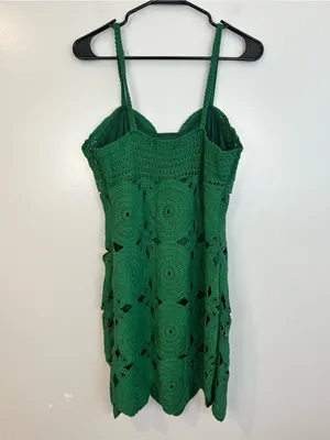 FORE Emerald Green Knit Crochet Sleevless Scallop Cotton Mini Dress Size Large thumbnail 6