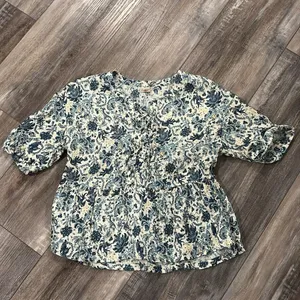 Faherty Womens Salinas Jacobean Top S Floral Lace Up Linen Floaty Blue Aviary thumbnail 7