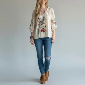 Solitaire Cream Floral Embroidered Boho Blouse Size Large thumbnail 7