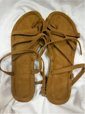 Faux Suede Strappy Gladiator Flat Sandals Ankle Wrap Buckle Tan Brown EU 40 8.5 thumbnail 1