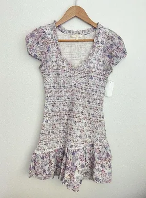 LOVESHACKFANCY Floral Smocked Mini Dress Puff Sleeve Asymmetric Ruffle Coquette thumbnail 6