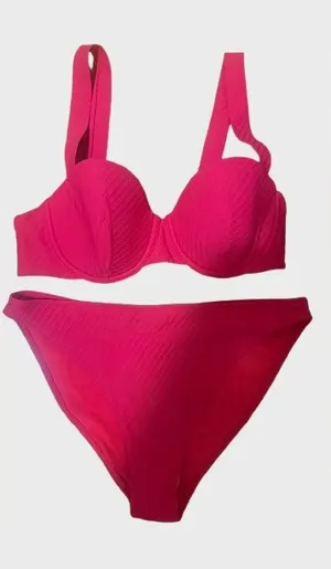 H&M Bright Red Ribbed Bikini Top and Bottom thumbnail 1