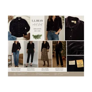 LL Bean Top Womens Size L Black Velvet Long Sleeve Button Up Collar Cotton Vntge thumbnail 8
