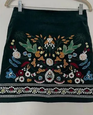 Green Corduroy Embroidered Skirt size Medium thumbnail 1