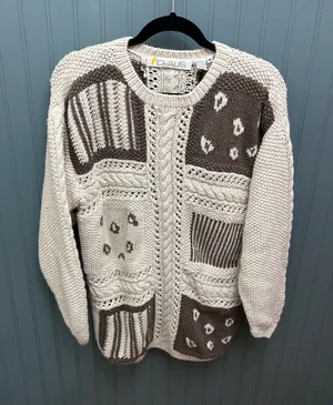 CHAUS Women's Size M Patchwork Knit Sweater Cream‎ Brown Cable Knit thumbnail 1