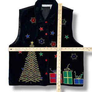 Vintage 90s DressBarn Velvet Embroidered‎ Christmas Button Up Vest Top Black XL thumbnail 11