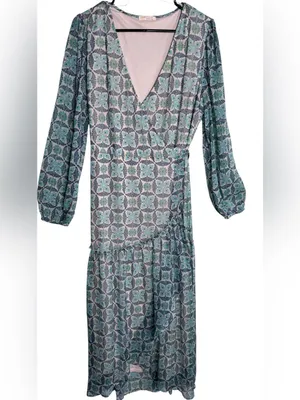 Lovestitch Rio Blue Patterned Maxi Wrap Dress Size L EUC Boho Chiffon thumbnail 3