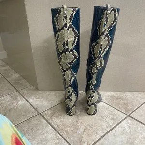 Sam Edelman Hai Knee High Boots Teal Blue Snakeskin Embossed Pointed Toe 5.5M‎ thumbnail 5