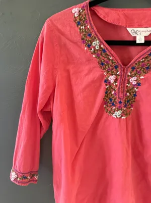 Krazy Kat Womens Coral Pink Embroidered Beaded Fairy 3/4 Sleeve‎ Cotton Tunic L thumbnail 1