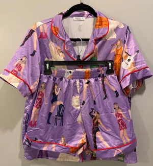 SheShow Swift Swiftie Eras Tour Outfits Button-Down Pajama Top and Shorts Set Purple thumbnail 1
